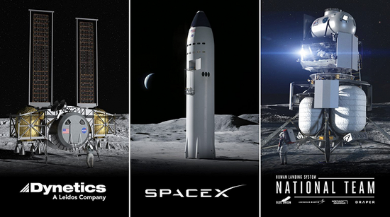 3家竞标公司NASA登月舱项目的设计图，从左到右分别为动力系统公司，蓝色起源与SpaceX |teslarati.com