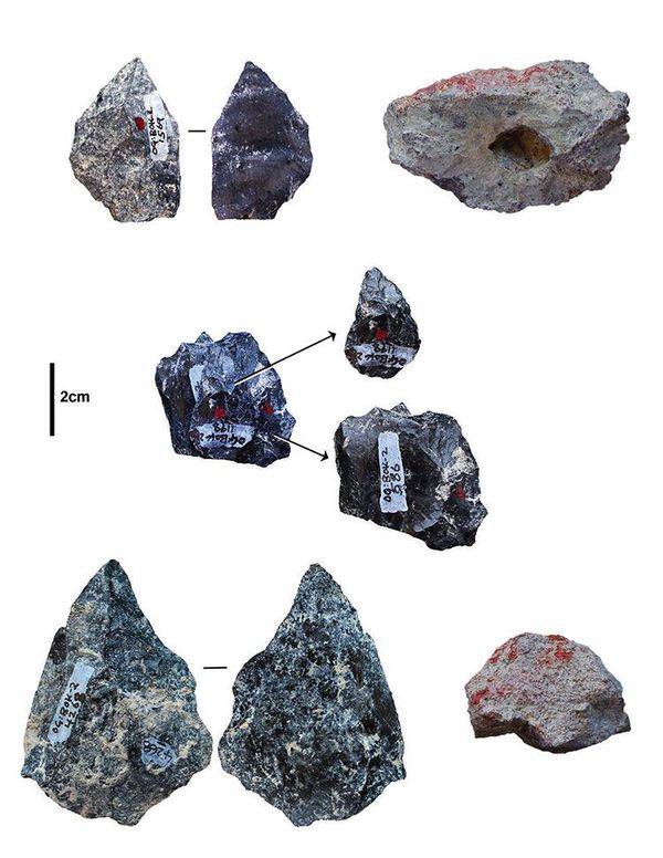 右侧的两个物体是32万年至50万年前的工具碎片。其余工具都是在同一时期、同一区域使用过的石制工具。