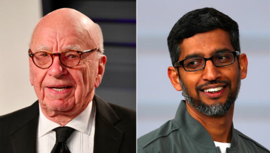 传媒大亨默多克与Google首席执行官皮查伊之间一直在争论平台是否应该为新闻内容付费。 （图源：CNN）