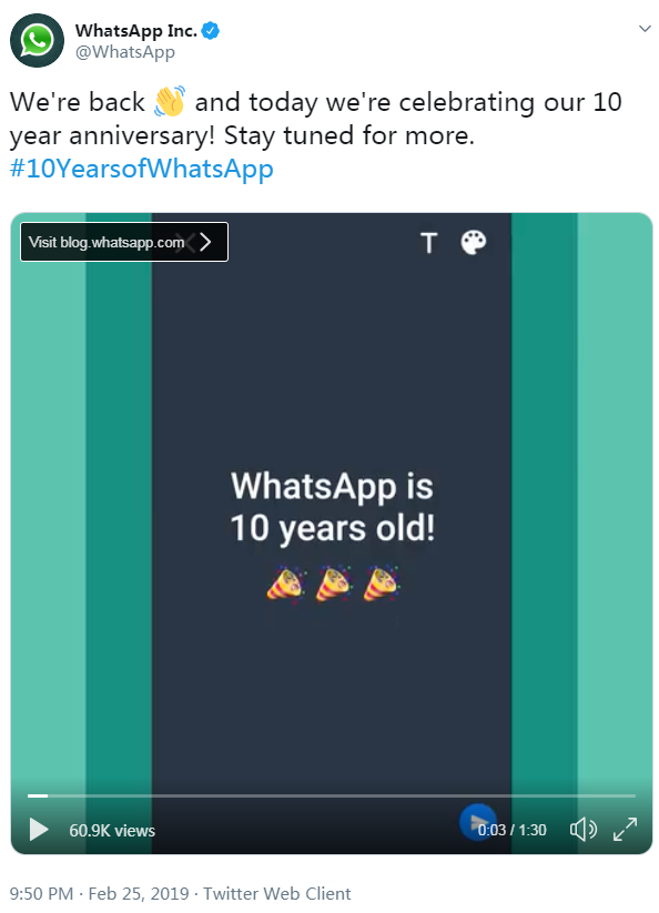 重返Twitter平台  WhatsApp发文庆祝十周年