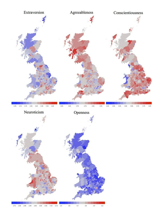 图8：图为五大性格类型在英国的地域分布。