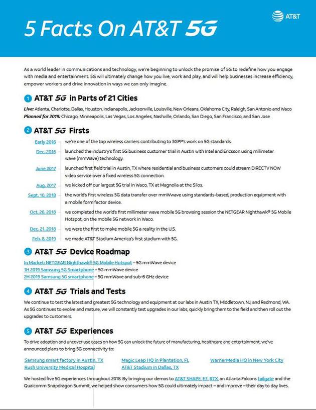 AT＆T发布5G情况说明：展示21座城市商用5G网络规划