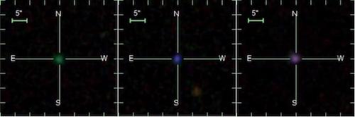 从左到右依次是绿豌豆星系、蓝莓星系和紫葡萄星系。（图片来源：SDSS）