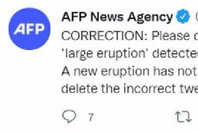 法新社：汤加火山再次大喷发消息尚未被确认，已删除此前报道