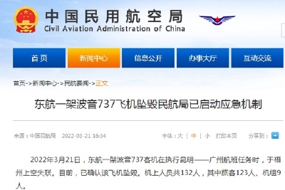 民航局确认东航一架波音737飞机坠毁，机上共132人