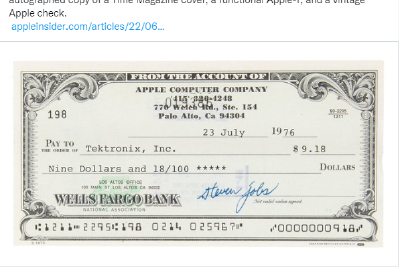 乔布斯签名的9.18美元复古苹果支票预计售价已超25000美元