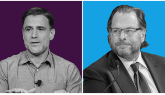 Slack首席执行官斯图尔特·巴特菲尔德（左）、Salesforce首席执行官马克·贝尼奥夫（右）
