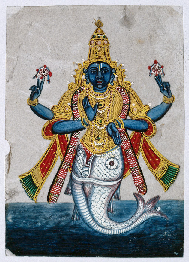 摩蹉（Matsya）是印度教大神毗湿奴十个化身中的第一种，通常形象为上身为人，下身为鱼