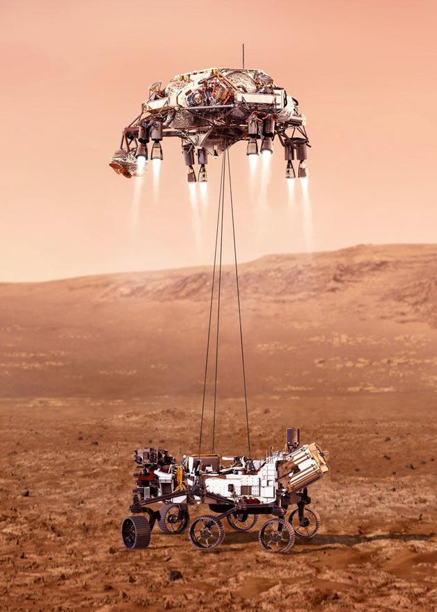 图2：“空中吊车”，一种着陆装置，用于放下重达1吨的NASA探测器，使其在火星表面软着陆。