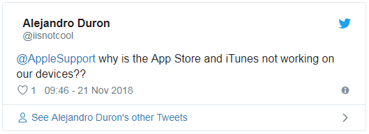 另一名Twitter用户：“为什么我们设备上的App Store和iTunes不能用了？”