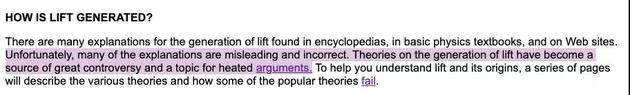 NASA指出，升力的产生存在巨大的争议，许多教科书的解释是错的。图片来源：www.grc.nasa.gov/WWW/k-12/airplane/lift1.html