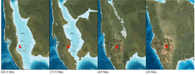 从8490万年前到2000万年前北美洲的西部内陆海道由宽阔到消失的过程。