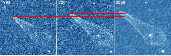  图5 哈勃望远镜于不同年份拍摄的吉他星云，能明显看出星云变长了。注意，图中背景恒星的位置是相对固定的，只有星云形状变化。图片来源：http://www.astro.cornell.edu/~shami/guitar/