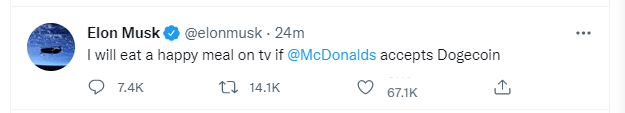 马斯克：麦当劳如果接受狗狗币付款，我直播吃麦当劳