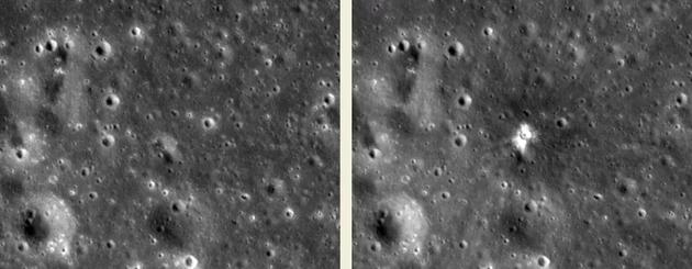 2013年3月17日NASA月球撞击监测计划拍摄到了一次持续约1秒的撞击闪光事件，在月面产生了直径18.8米的撞击坑，碎屑飞了数百米，最远至30公里。（左图为撞击前图像拍摄于2012年2月12日，右图为撞击后图像拍摄于2013年7月28日）