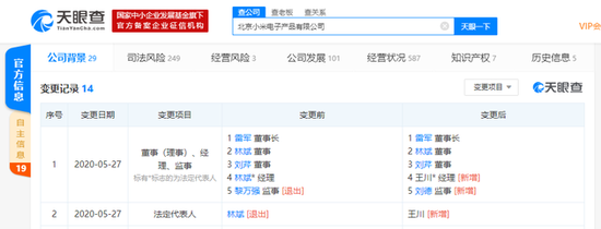 林斌卸任北京小米电子产品有限公司法人等 王川接任