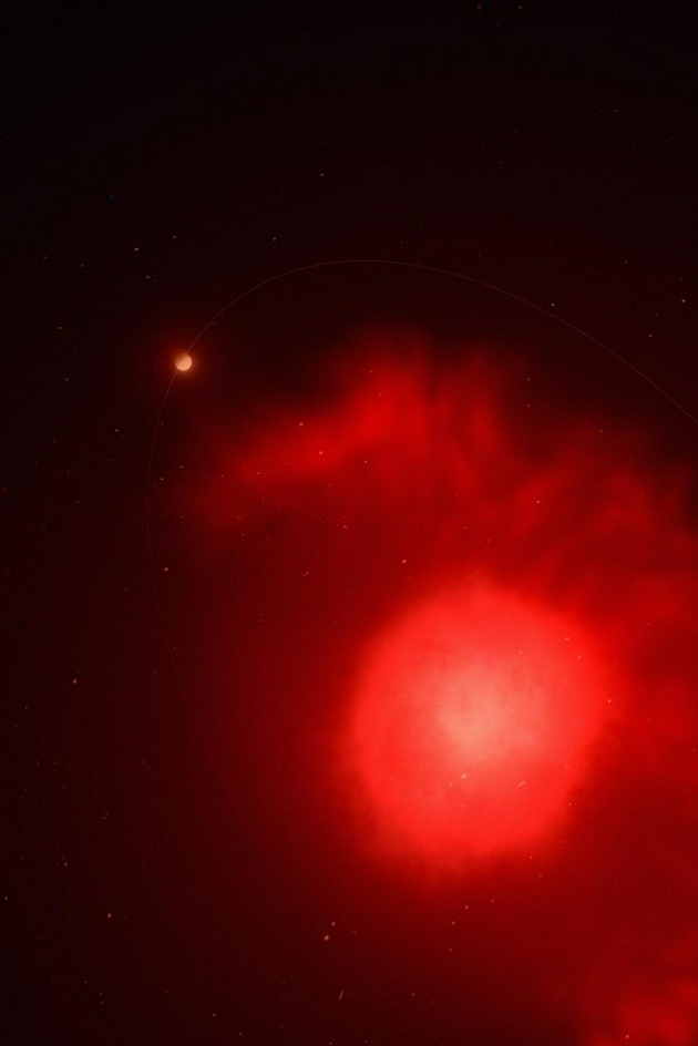 艺术家描绘一颗垂死的主序恒星和环绕它运行的行星，这颗恒星处于红巨星阶段，它燃烧耗尽最后的核燃料，然后坍缩形成一颗体积更小、更脆弱的白矮星。