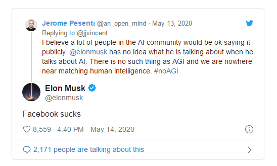 马斯克回应FB人工智能负责人批评：Facebook糟透了