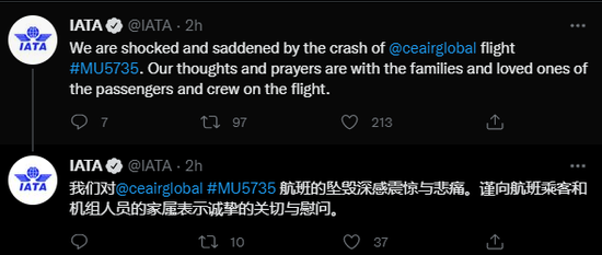 国际航空运输协会用中英双语发推：对东航航班坠毁“深感震惊与悲痛”