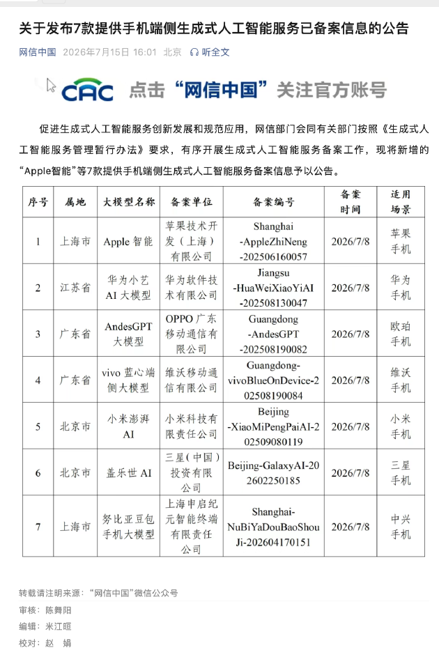 Apple智能获华备案，六大厂商同批通过