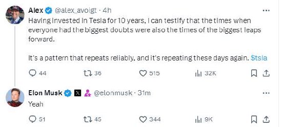 马斯克重申特斯拉有望增长10倍：所有人怀疑最多之时，也是最大飞跃之时