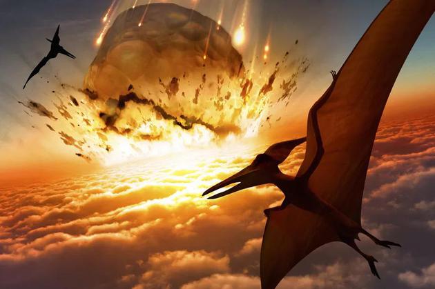 图中是艺术家描述0.65亿年前一颗小行星撞击地球，导致恐龙物种灭绝消失。
