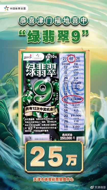 元旦来津游客喜中顶呱刮"绿翡翠9"25万大奖!