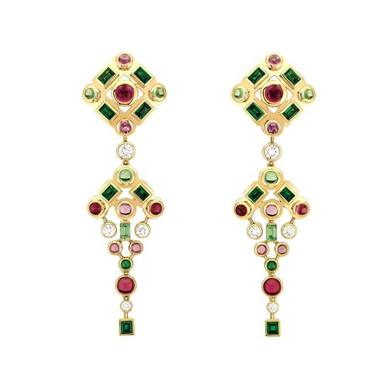 CHANEL高级珠宝“Persane”系列耳环，黄18K金镶嵌钻石、沙弗莱石、红碧玺和碧玺