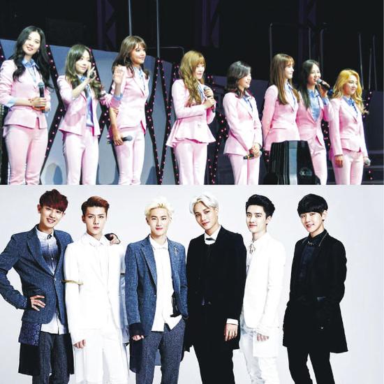 少女时代(上图)与EXO(下图)同样为江苏卫视演出，据悉酬劳为200万人民币。