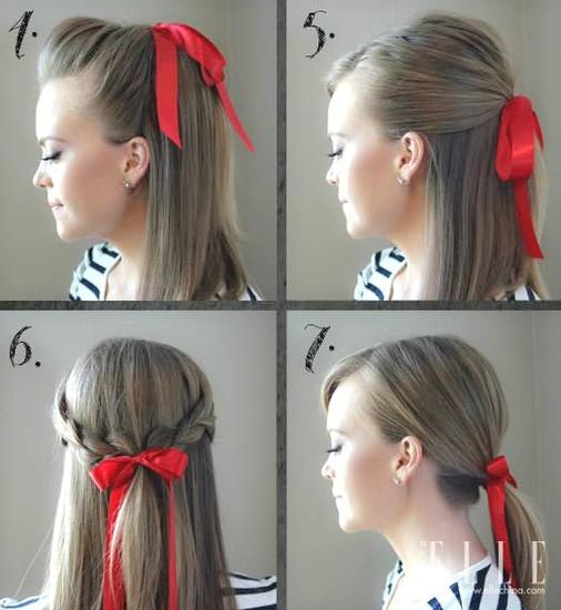 1,把头发梳理成偏分三七开,将发带打成蝴蝶结