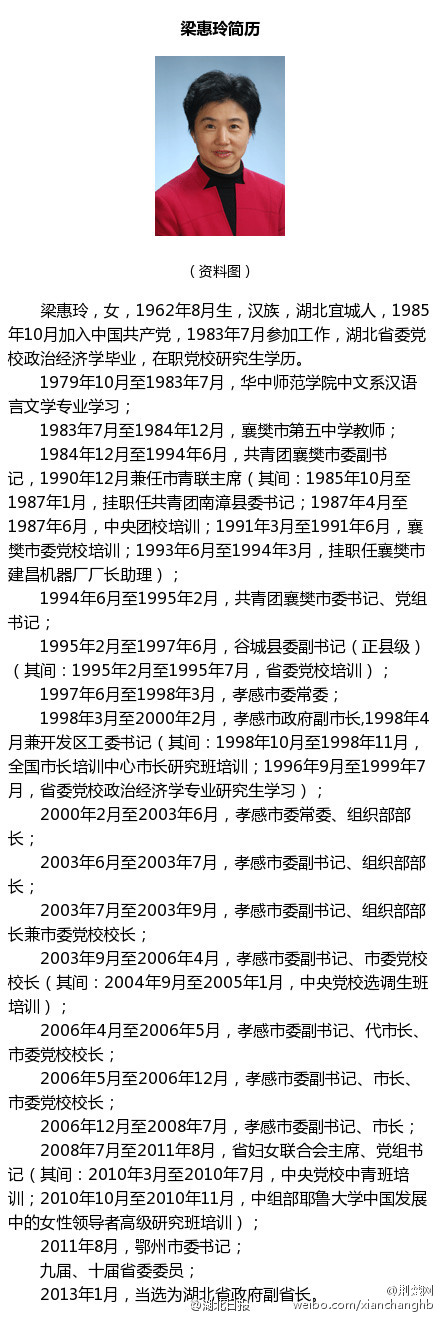 湖北省副省长梁惠玲任湖北省委常委图简历