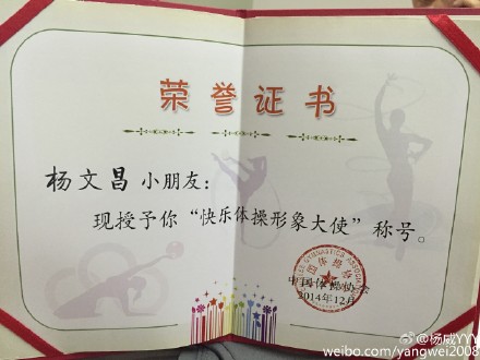 杨威晒中国体操协会颁发的荣誉证据