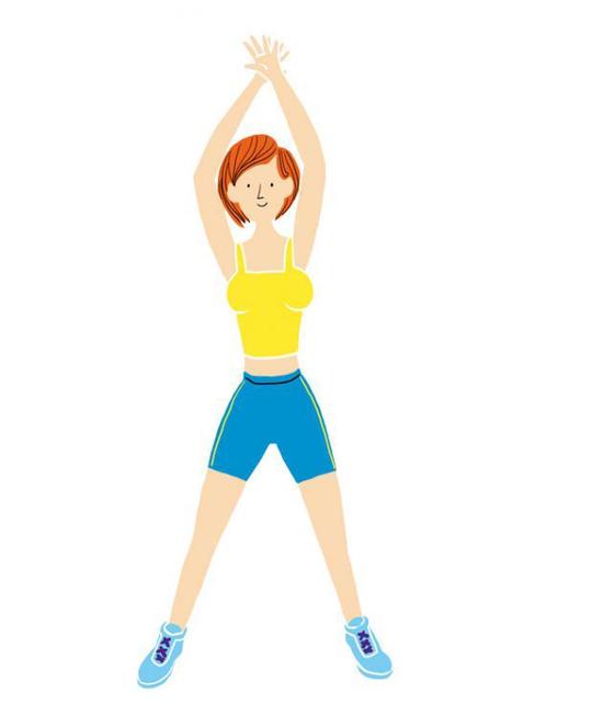 双脚并拢,双手放于体侧准备,双脚打开跳起,保证膝盖向前,再合脚落地