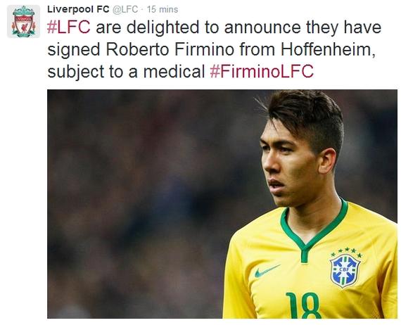 利物浦官方宣布签下菲尔米诺