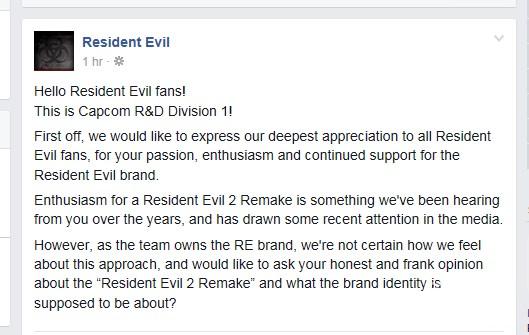 日前卡普空在其FB主页发起了《生化危机2》重制的玩家意见征集