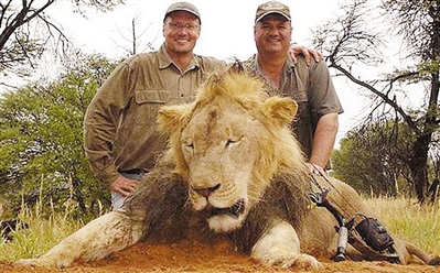 帕尔默（左）和友人猎杀狮子后合影。