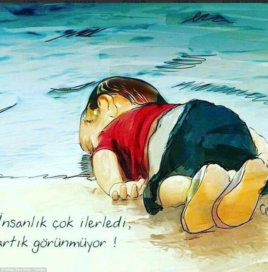 一名3岁幼童难民的遗体被海水冲上土耳其沙滩，他被救援人员抱起的照片在社交媒体广泛流传。