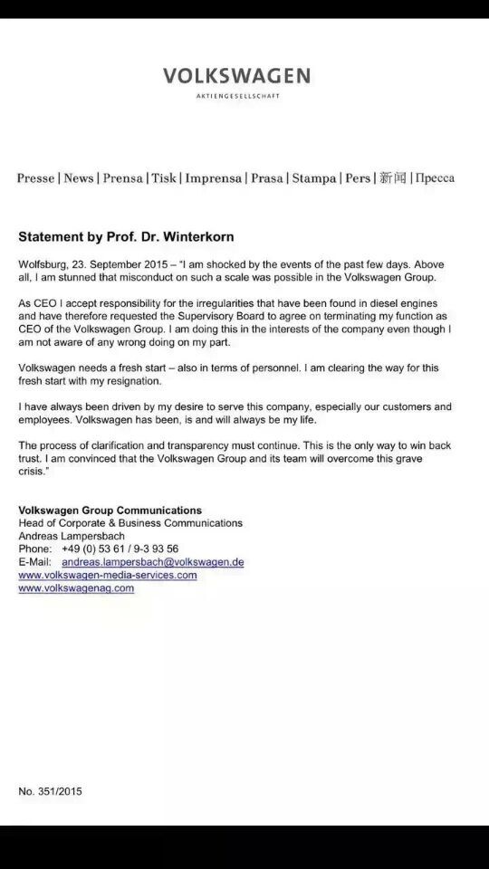 大众排放造假事件持续发酵 文德恩宣布辞职