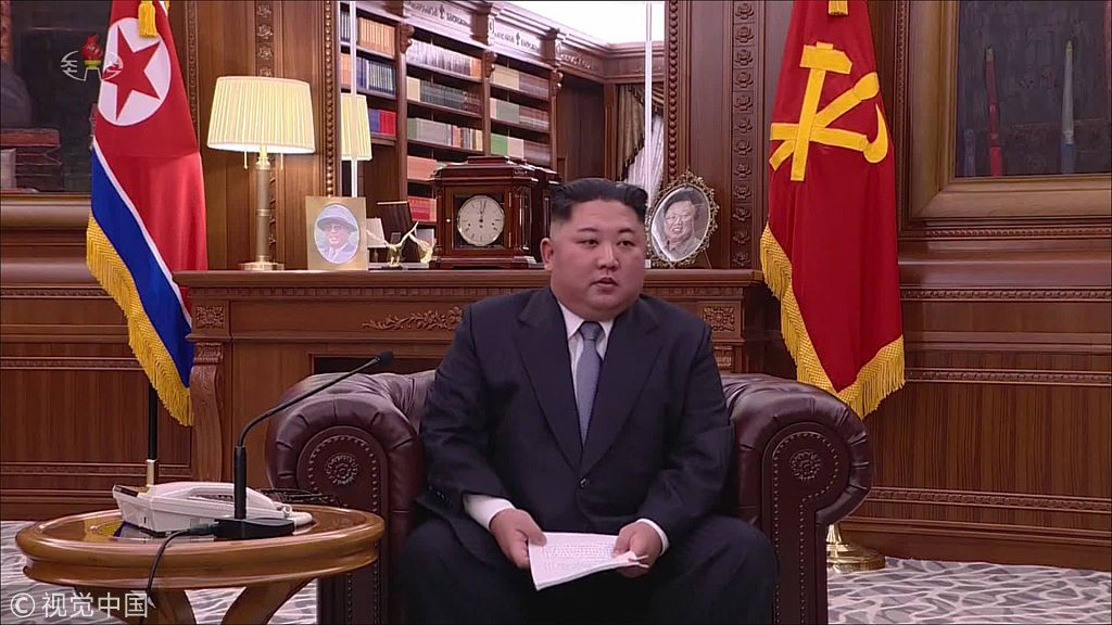 ▲当地时间2019年1月1日,朝鲜最高领导人金正恩发外新年贺词。 图片来源:视觉中国