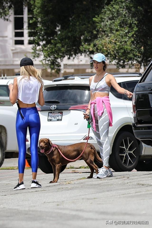 亚历桑德拉安布罗休穿着灰色紧身裤在遛狗