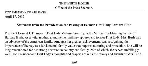 美前第一夫人芭芭拉61布什去世特朗普发推悼念白宫声明长久铭记
