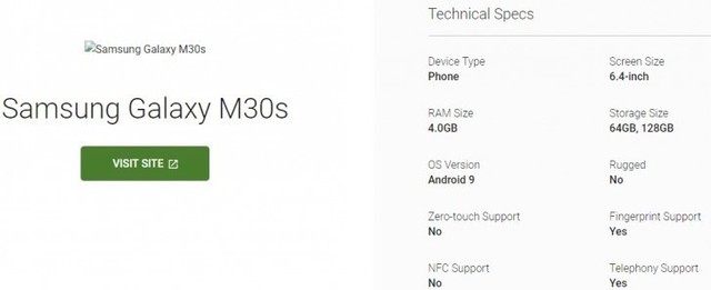 三星Galaxy M30s现身谷歌企业界面 三星Exynos 9610+4GB运行内存