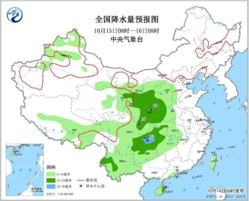 图3 全国降水量预报图（10月15日08时-16日08时）