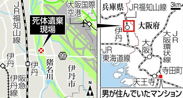 尸体遗弃现场及嫌疑人居住地点（图来自日本《产经新闻》）