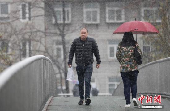 图为北京街头,行人冒雨赶路。 中新社记者 杜洋 摄