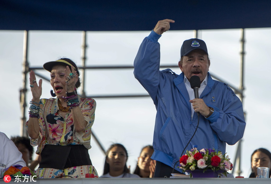  2018年8月29日，尼加拉瓜总统奥尔特加偕夫人出席庆典  @东方IC