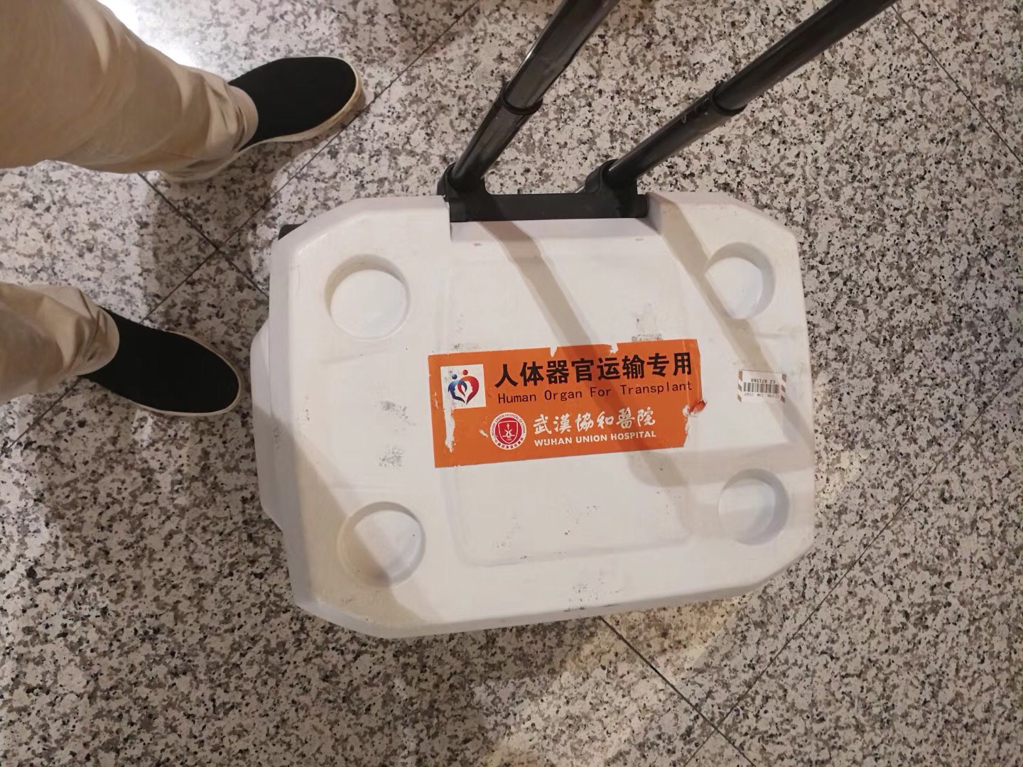 　2018年9月16日，王国华拖着器官保温箱，准备登机。受访者供图