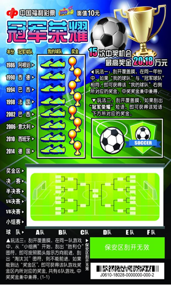 刮刮乐的支持,中国福利彩票发行管理中心将针对"冠军荣耀"彩票在全国