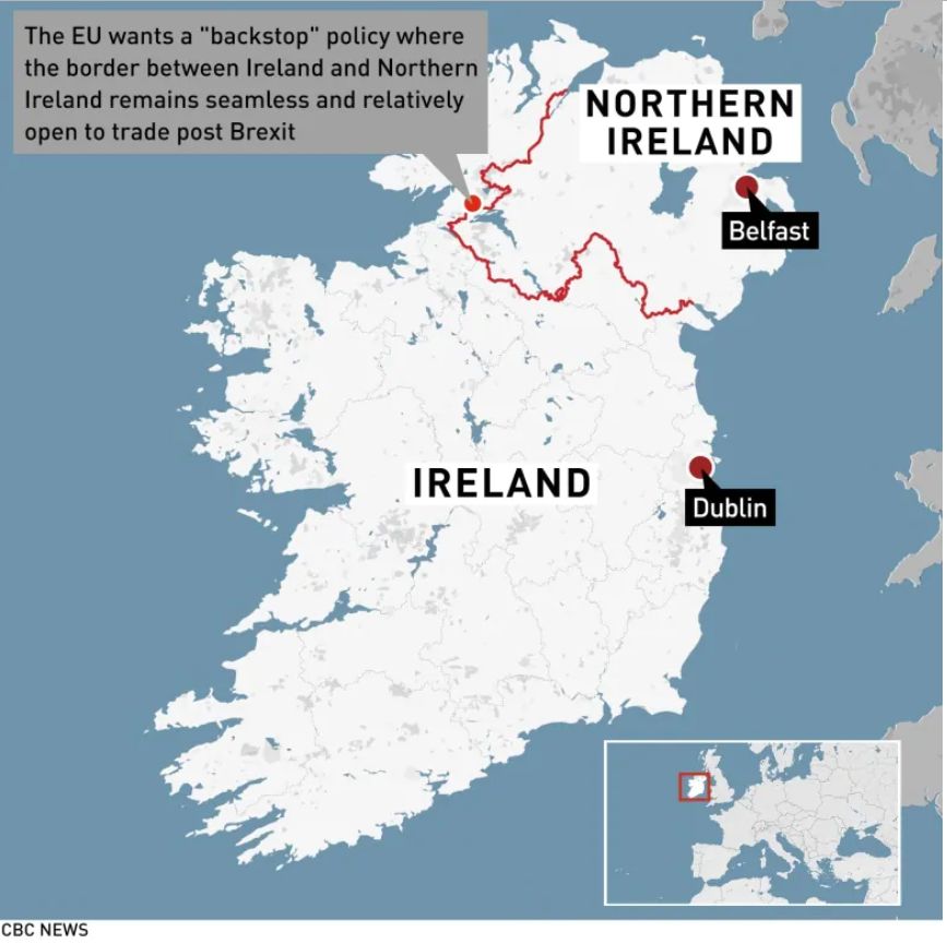 “脱欧”后，爱尔兰和英国的北爱尔兰边境如何处理，成为英国和欧盟最大的分歧，欧盟反对在此地设立海关和其他障碍