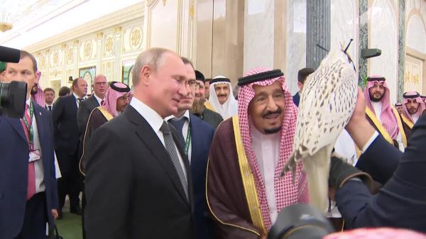  普京会见沙特国王萨勒曼。“今日俄罗斯”网站视频截图